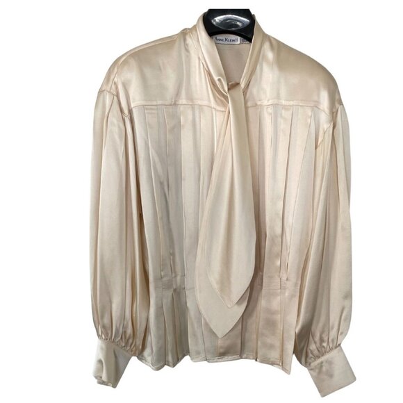 Vintage Ann Klein II Tie Neck 100% Silk Blouse SZ 8 Cream Long Sleeve Academia - Picture 1 of 11